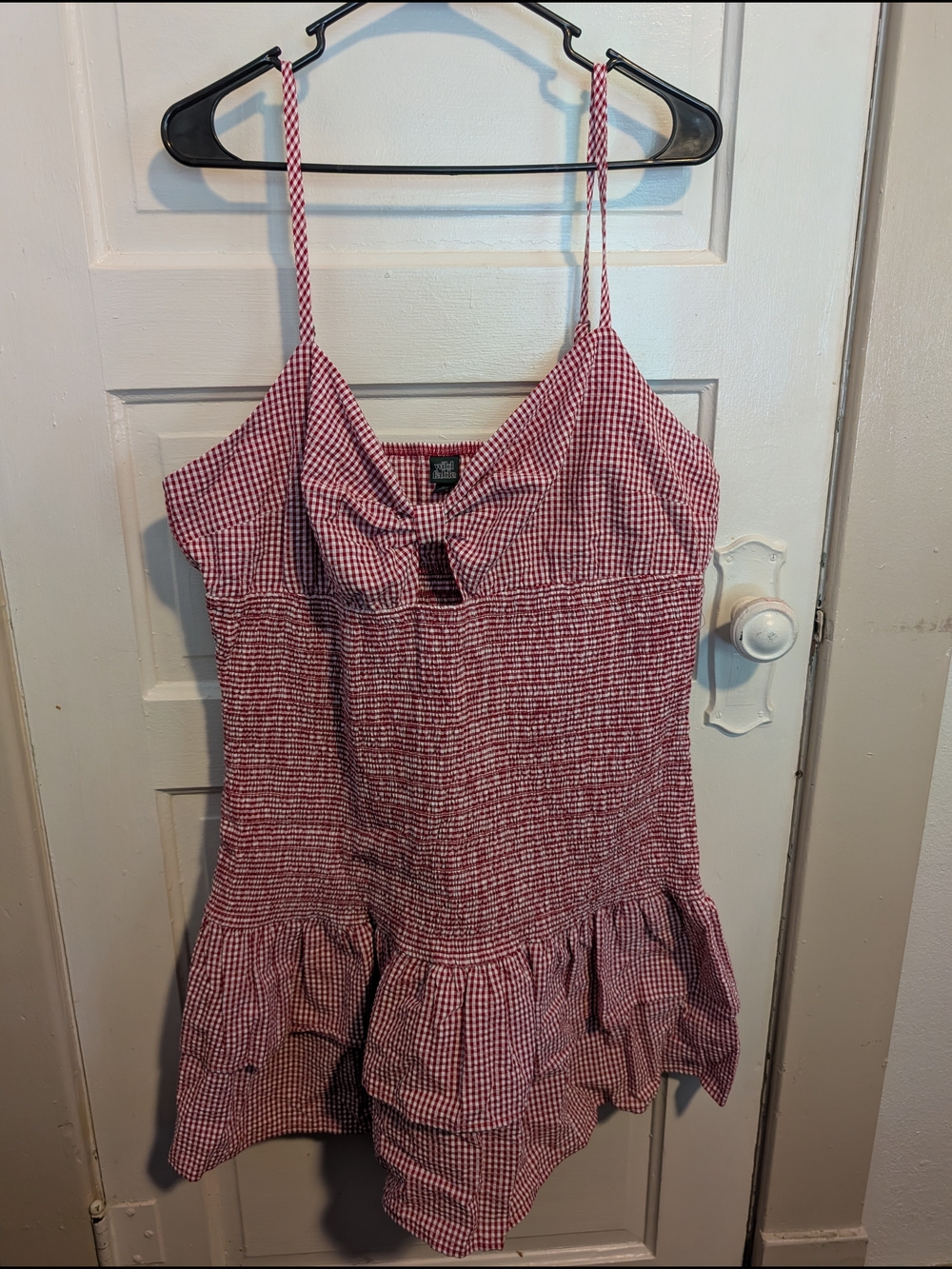 Red Gingham Smocked Layered Mini Dress Bow Tie Cutout Wild Fable